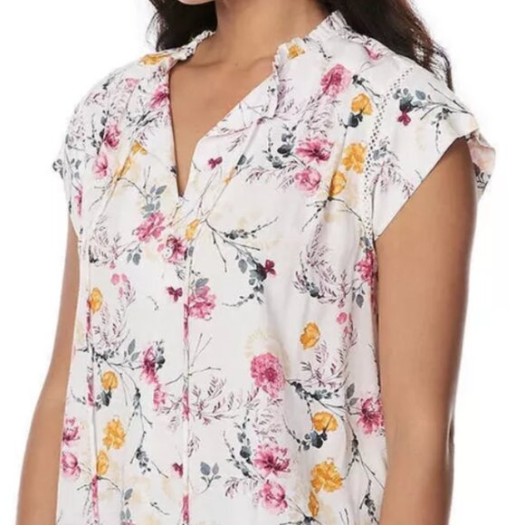 NWT Buffalo David Bitton Floral Print Flutter sleeve Tie Neck Jacquard Blouse - Picture 2 of 10